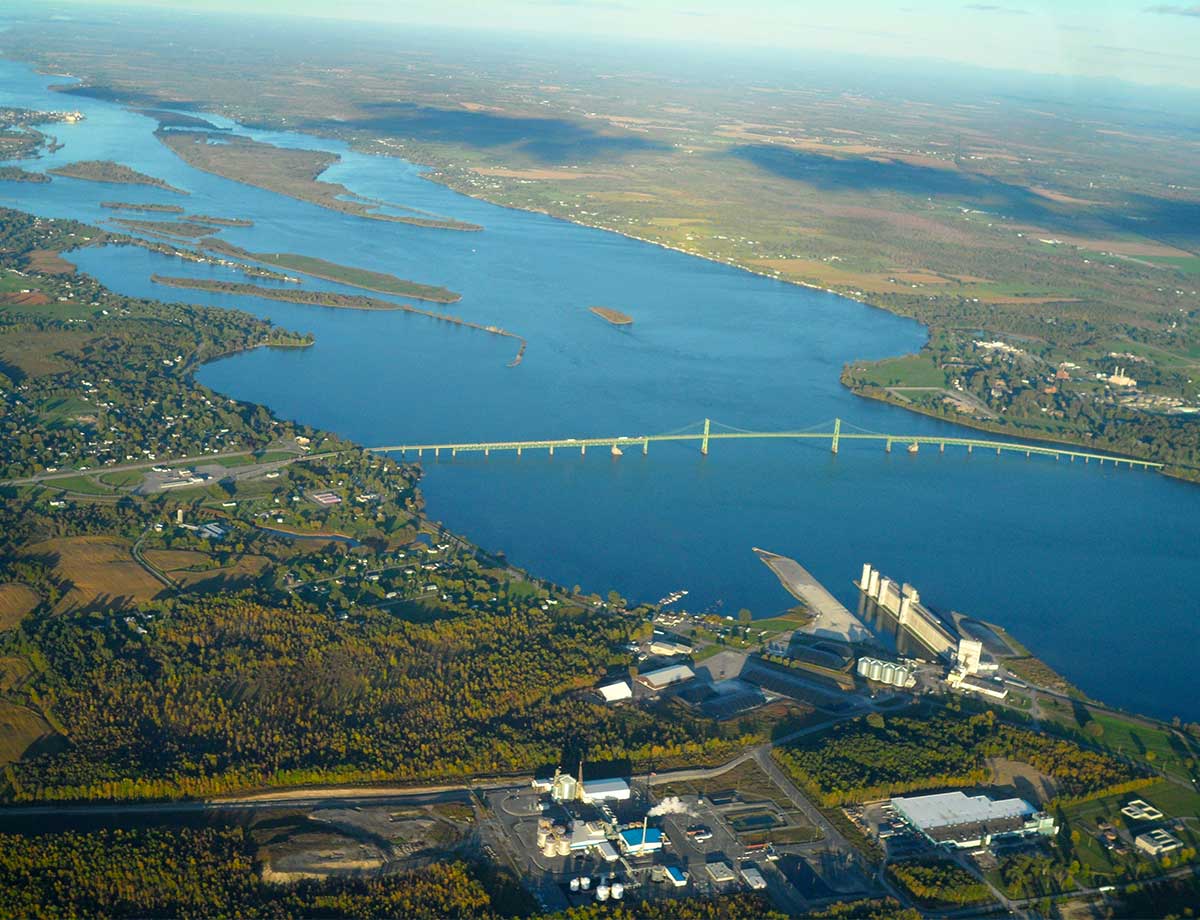 An aerial view of the Ogdensburg-Prescott International Bridge